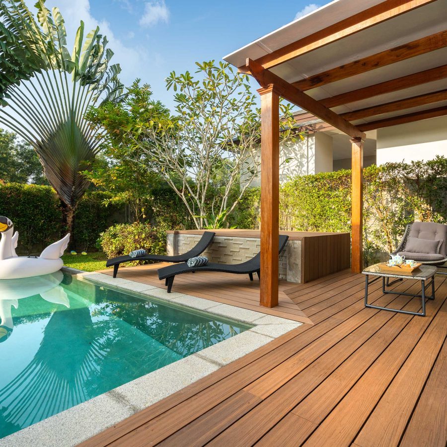 Swimming pool in tropical garden pool villa feature floating balloon